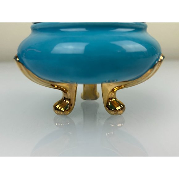 Vintage Ceramic Footed Trinket Box w/ Lid, Blue Floral PH Signed Mid-Century - Picture 4 of 13